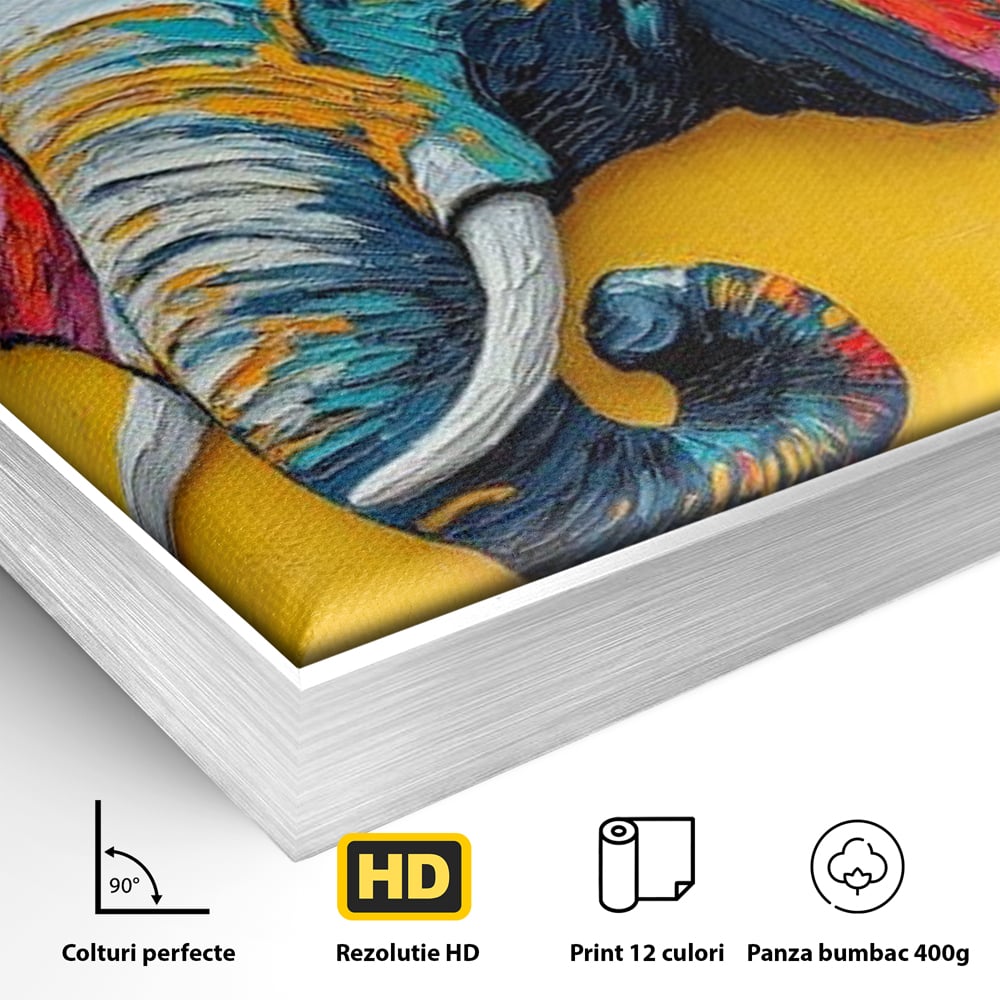 Detaliu al suprafetei: tablou canvas cu elefant colorat si fluturi, in rama de aluminiu argintiu
